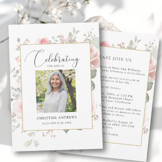 Elegant Celebration of Life Photo Roses Funeral Invitation