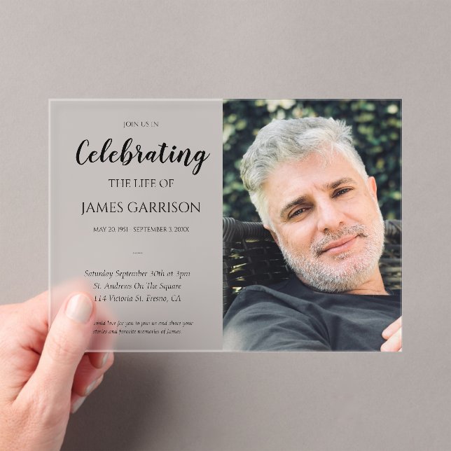 Elegant Celebration of Life With Photo Memorial Acrylic Invitations (Insitu (Handheld))