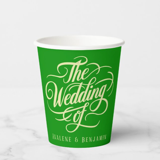 Elegant Celery and Forest Green Colour Wedding Paper Cups (Front)