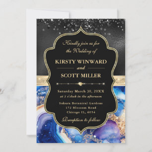 Elegant Celestial Agate Black Glitter Wedding Invitation