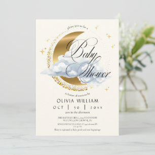 Elegant Celestial Beige Script Baby Shower  Invitation
