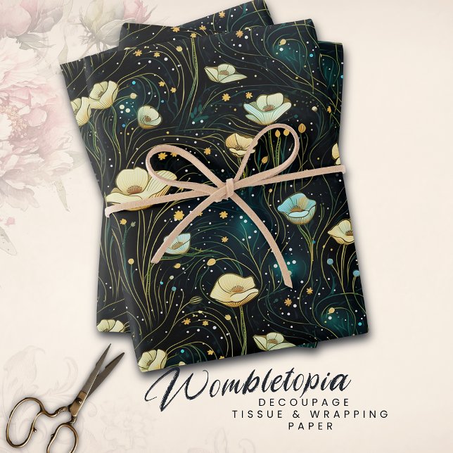 Elegant Celestial Floral Midnight Blue & Gold Wrapping Paper Sheet (Creator Uploaded)