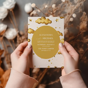 Elegant Celestial Gold Moon and Stars Wedding Invitation