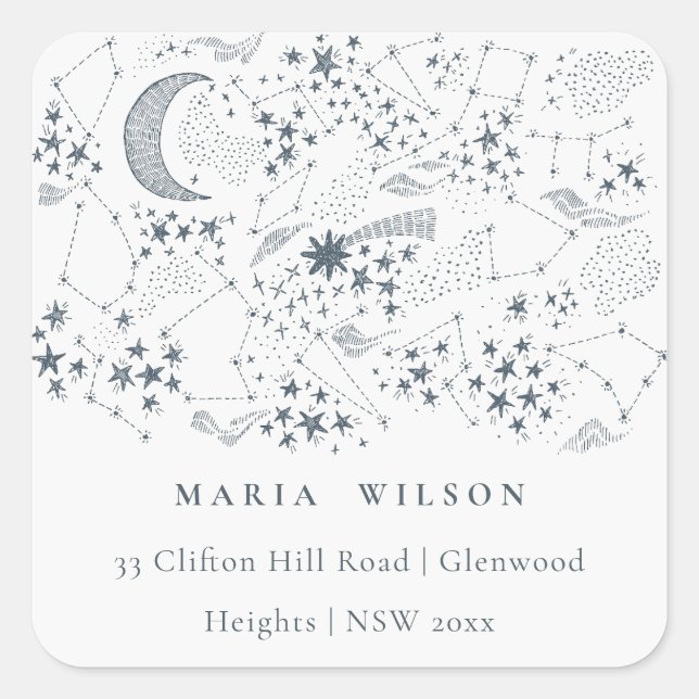 Elegant Celestial Navy Starry Night Moon Address Square Sticker (Front)
