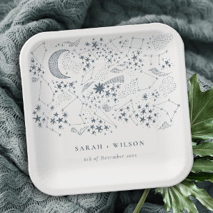 Elegant Celestial Navy Starry Night Moon Wedding Paper Plate