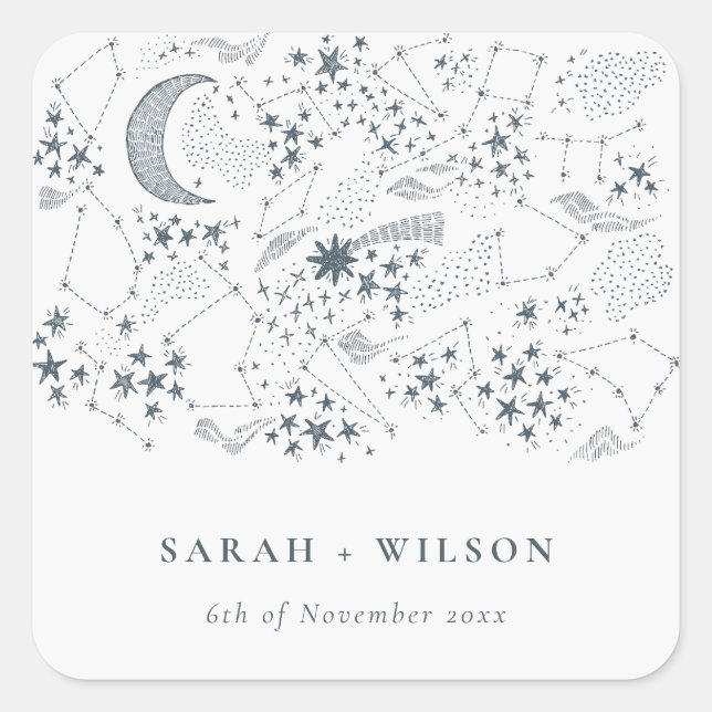 Elegant Celestial Navy Starry Night Moon Wedding Square Sticker (Front)