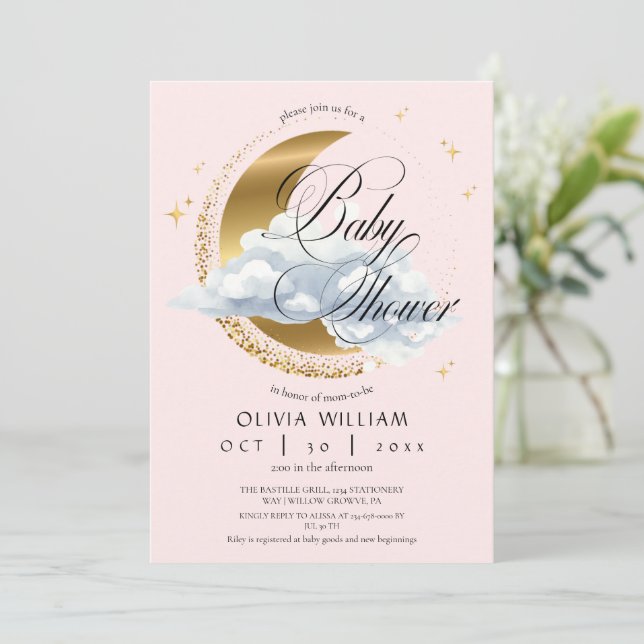Elegant Celestial Pink Script Baby Shower  Invitation (Standing Front)