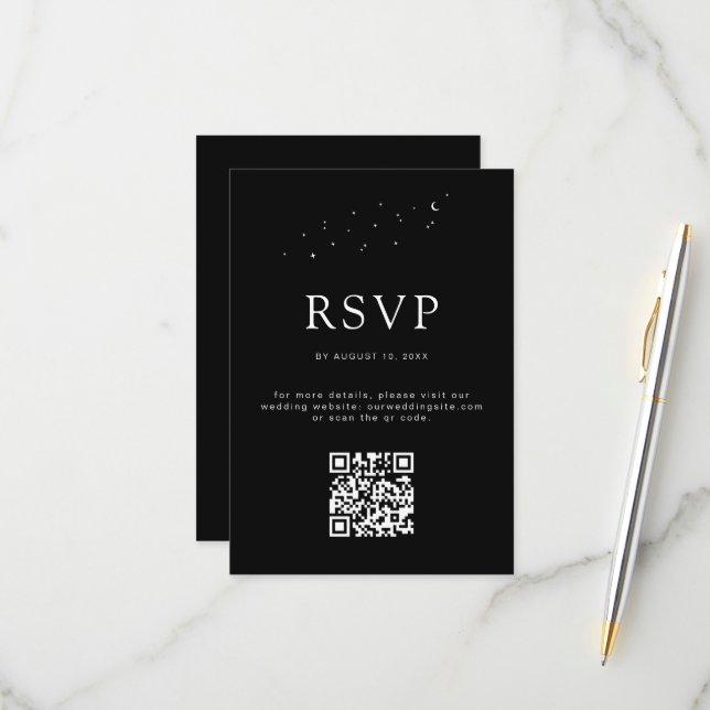 Elegant Celestial QR Code Modern Black Wedding RSVP Card (Front/Back In Situ)