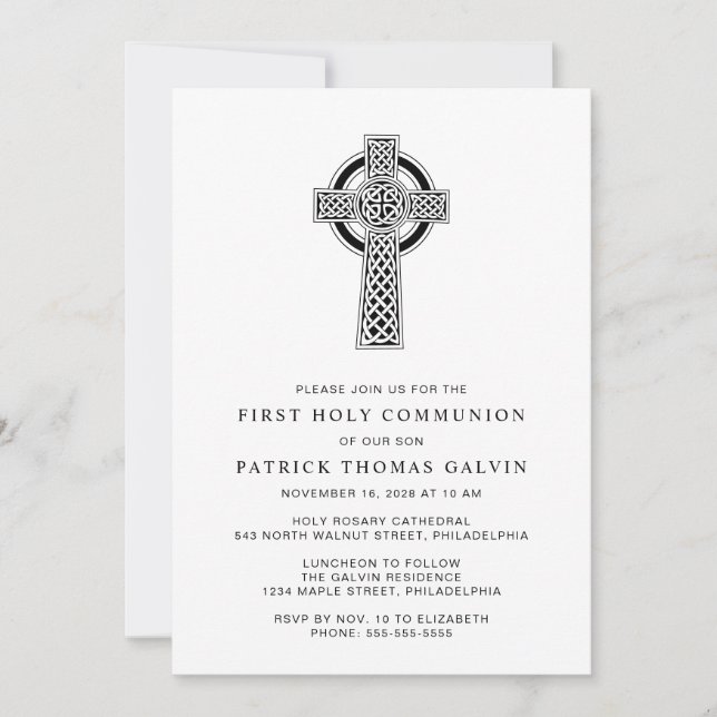 Elegant Celtic Cross First Holy Communion Invitation (Front)