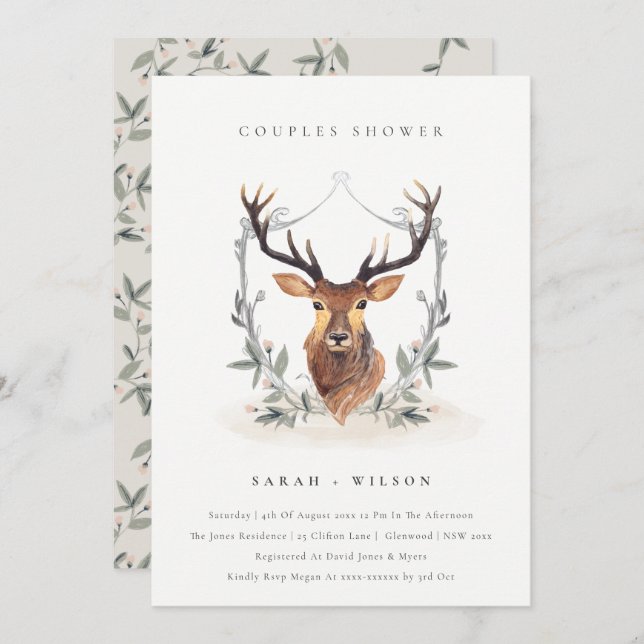Elégant Cerf Floral Crest Couples Invitation douch (Devant / Derrière)