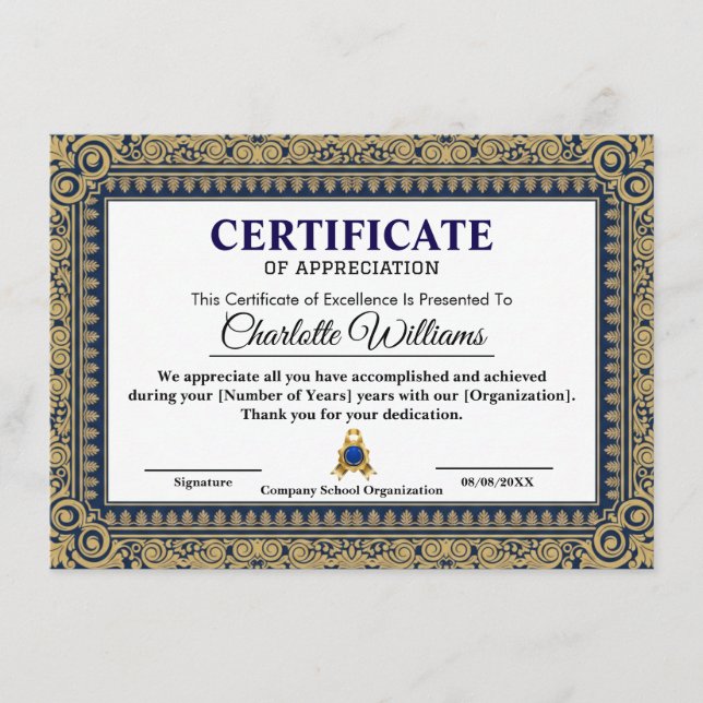 Elegant Certificate of Appreciation Blue Gold (Front)