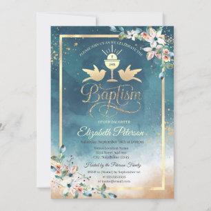 Elegant Chalice Watercolor Flowers Baptism Invitation