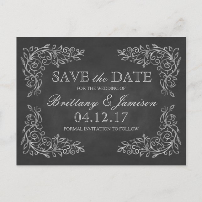 Elegant Chalkboard Filigree Wedding Save the Date Announcement Postcard (Front)