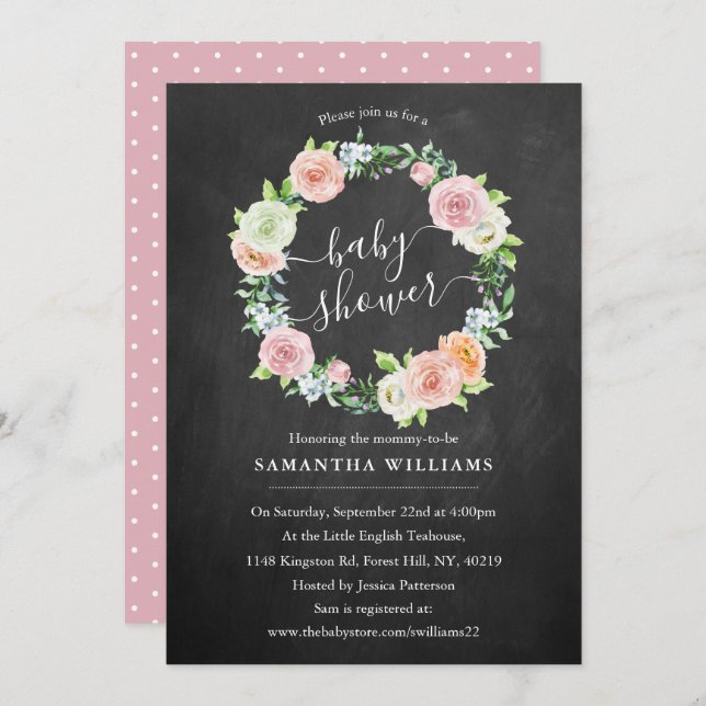 Elegant Chalkboard Floral Wreath Baby Shower Invitation (Front/Back)