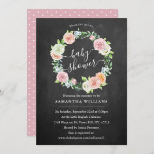Elegant Chalkboard Floral Wreath Baby Shower Invitation