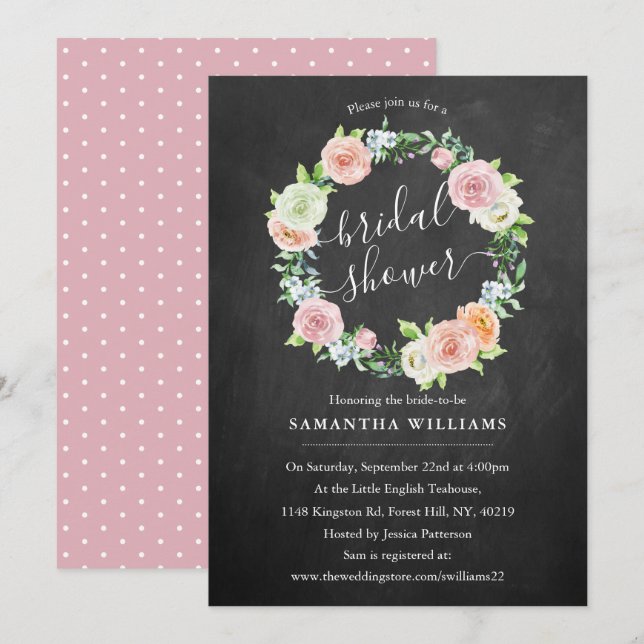 Elegant Chalkboard Floral Wreath Bridal Shower Invitation (Front/Back)
