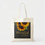 Elegant chalkboard sunflowers wedding bridesmaid tote bag<br><div class="desc">Rustic elegant summer or autumn fall wedding stylish bridesmaid / maid of honour / flower girl/ mother of the bride or mother of the groom tote bag on dark grey chalkboard featuring a beautiful sunflowers bouquet with custom text. Fill in your information in the spots, You can choose to customize...</div>