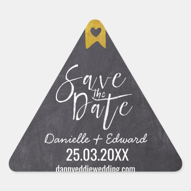 Elegant Chalkboard White Handwriting Save the Date Triangle Sticker (Front)