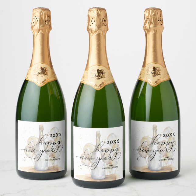 Elegant Champagne and Balloons Happy New Year Sparkling Wine Label (Bottles)