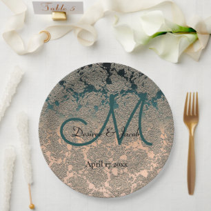 Elegant Champagne And Teal Wedding Theme Monogram Paper Plate