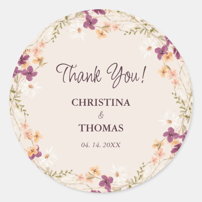 Elegant Champagne Boho Wildflowers Wedding Classic Round Sticker (Front)