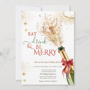Elegant Champagne Bottle Red Bow Christmas Party Invitation