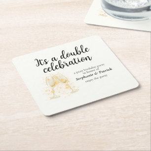 Elegant Champagne Double Celebration Joint Party Square Paper Coaster