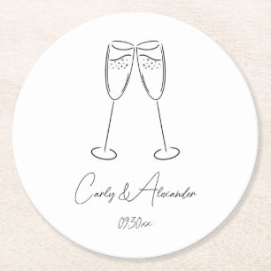 Elegant Champagne Glass Wedding Engagement Round Paper Coaster