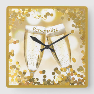 Elegant Champagne Glasses Celebrate Gold Confetti Square Wall Clock