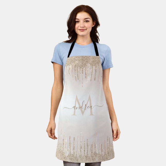 Elegant Champagne Glitter Dripping Girly Monogram Apron (Worn)