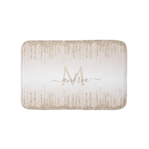 Elegant Champagne Glitter Dripping Monogram & Name Bath Mat