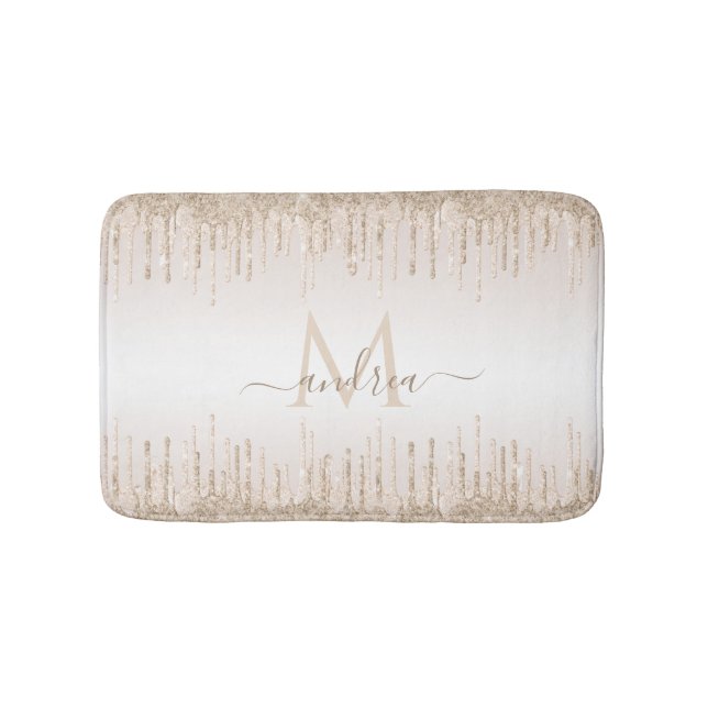 Elegant Champagne Glitter Dripping Monogram & Name Bath Mat (Front)
