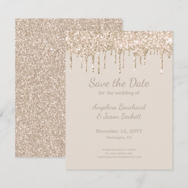 Elegant Champagne Glitter Wedding Save The Date Invitation (Front/Back)