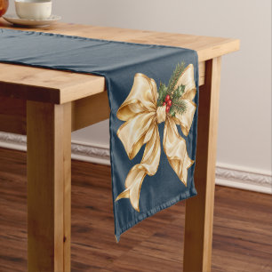 Elegant Champagne Gold Bow Holly Berries Christmas Medium Table Runner