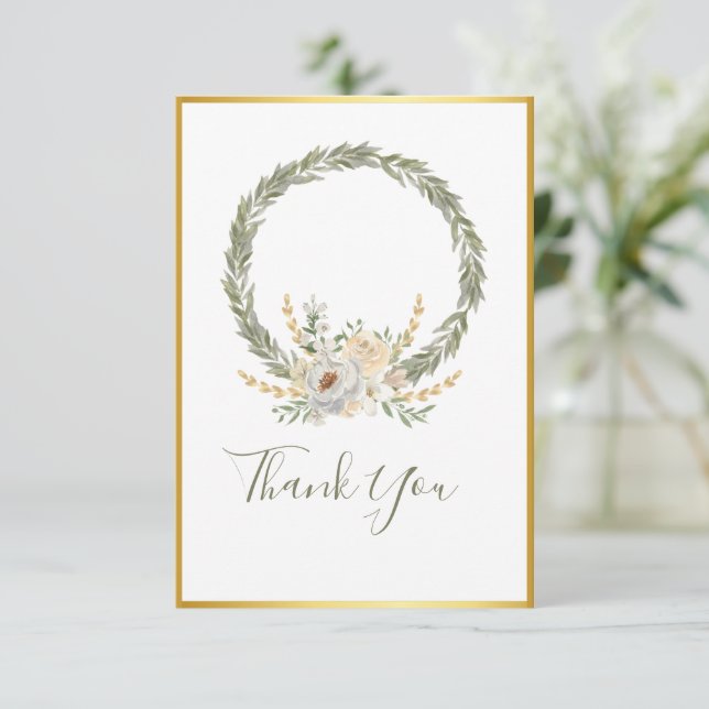Elegant Champagne Ivory Floral Script  Thank You  Card (Standing Front)