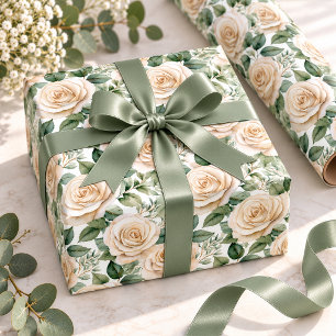 Elegant Champagne Ivory Watercolor Rose Garden Wrapping Paper