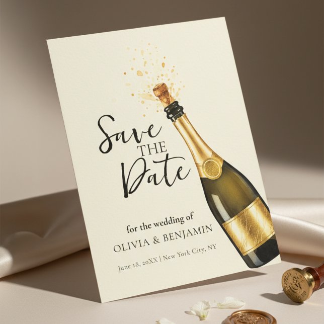 Elegant Champagne Save the Date Wedding Invitation (An elegant Save the Date wedding design featuring a soft cream background with champagne gold)