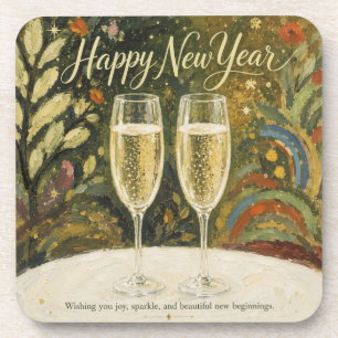 Elegant Champagne Toast Folk Art Happy New Year Coaster