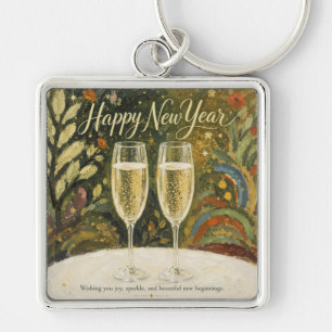 Elegant Champagne Toast Folk Art Happy New Year Keychain