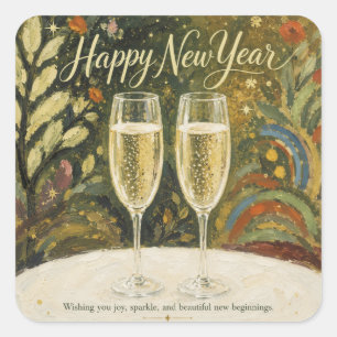Elegant Champagne Toast Folk Art Happy New Year Square Sticker