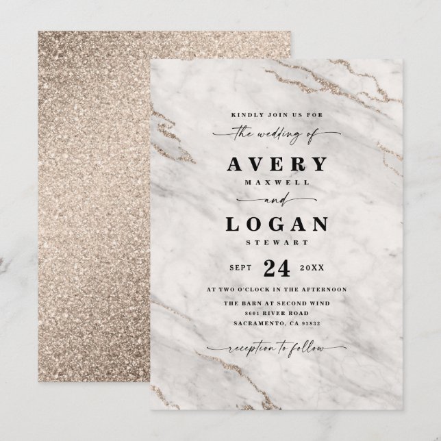 Elegant Champagne White Marble & Glitter Wedding Invitation (Front/Back)