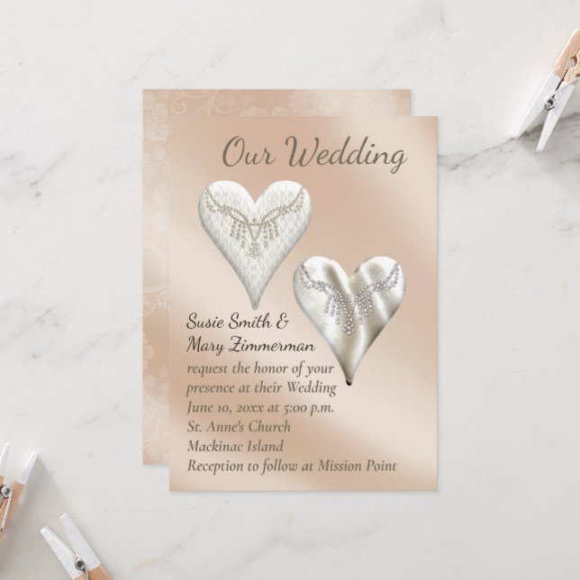 Elegant Champaign and Pearl Gay Wedding Invitation (Front/Back In Situ)