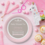 Elegant Chandelier Baby Shower Pink Paper Plate<br><div class="desc">Add a touch of timeless elegance to your celebration with these Elegant Chandelier Baby Shower Pink Paper Plates. Featuring a soft blush pink rim and a taupe centre adorned with a delicate white chandelier and crib illustration, this design exudes luxury and charm. Perfect for honouring a mom‑to‑be, these plates blend...</div>