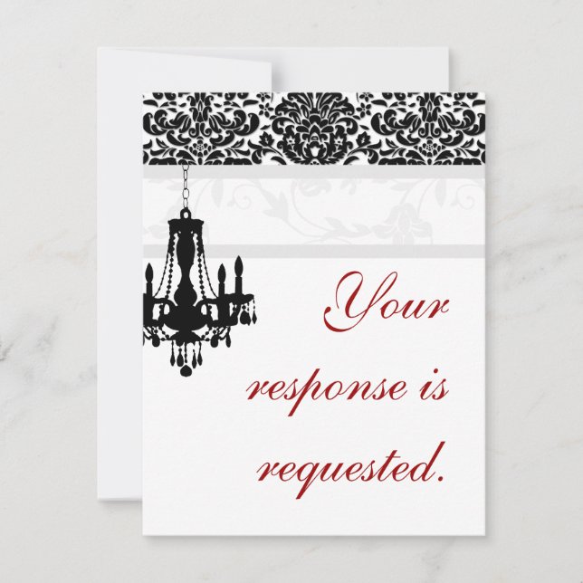 Elegant Chandelier Wedding Reply Card BW damask (Front)