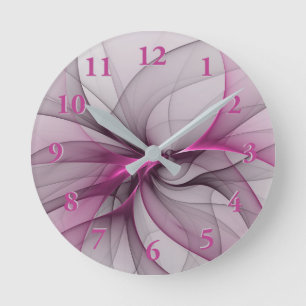 Elegant Chaos Modern Abstract Pink Fractal Art Round Clock