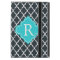 Elegant charcoal, aqua  blue quatrefoil monogram