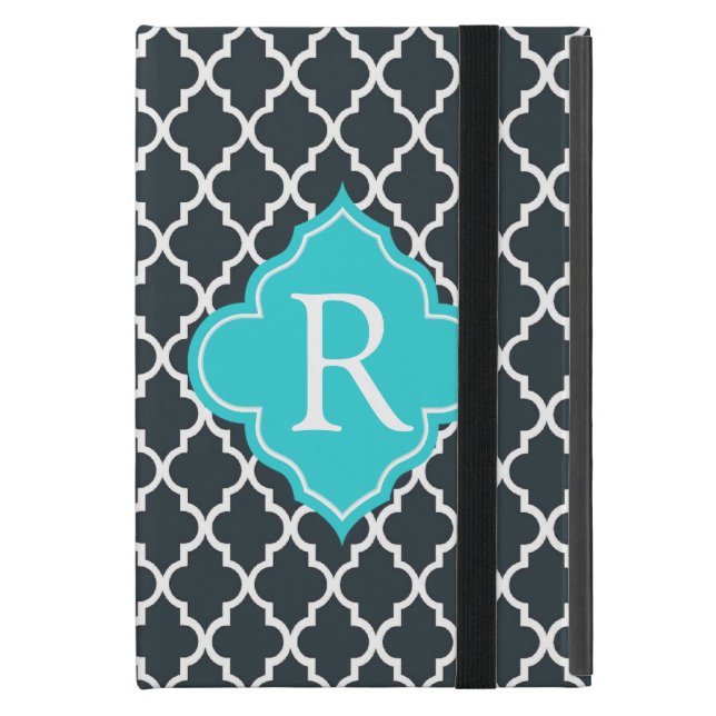 Elegant charcoal, aqua  blue quatrefoil monogram cover for iPad mini (Front Closed)
