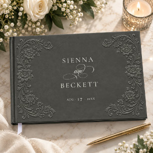 Elegant Charcoal Embossed Minimalist Floral Guest Book