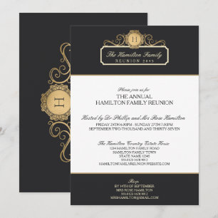 Elegant Charcoal Gold Monogram Family Reunion Invitation