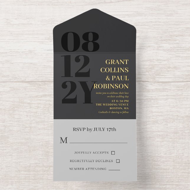 Elegant Charcoal & Gold Typography Wedding All In One Invitation (Inside)